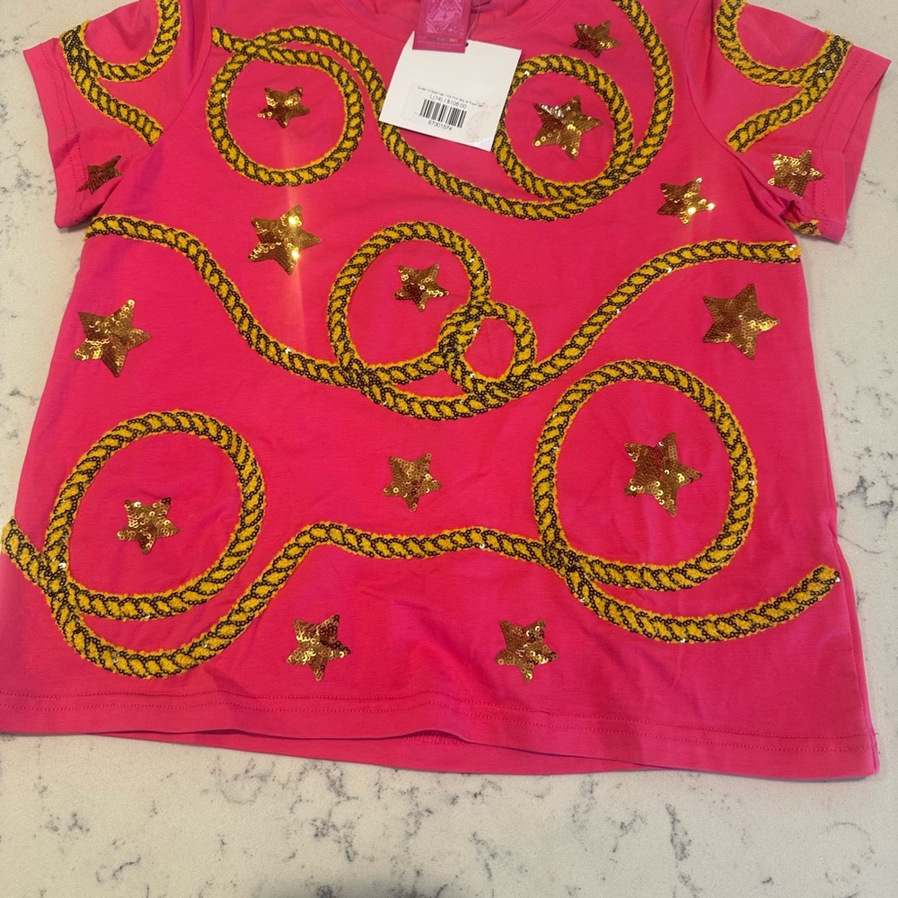 QUEEN OF SPARKLES Pink Tee with Gold Stars and rope, rodeo